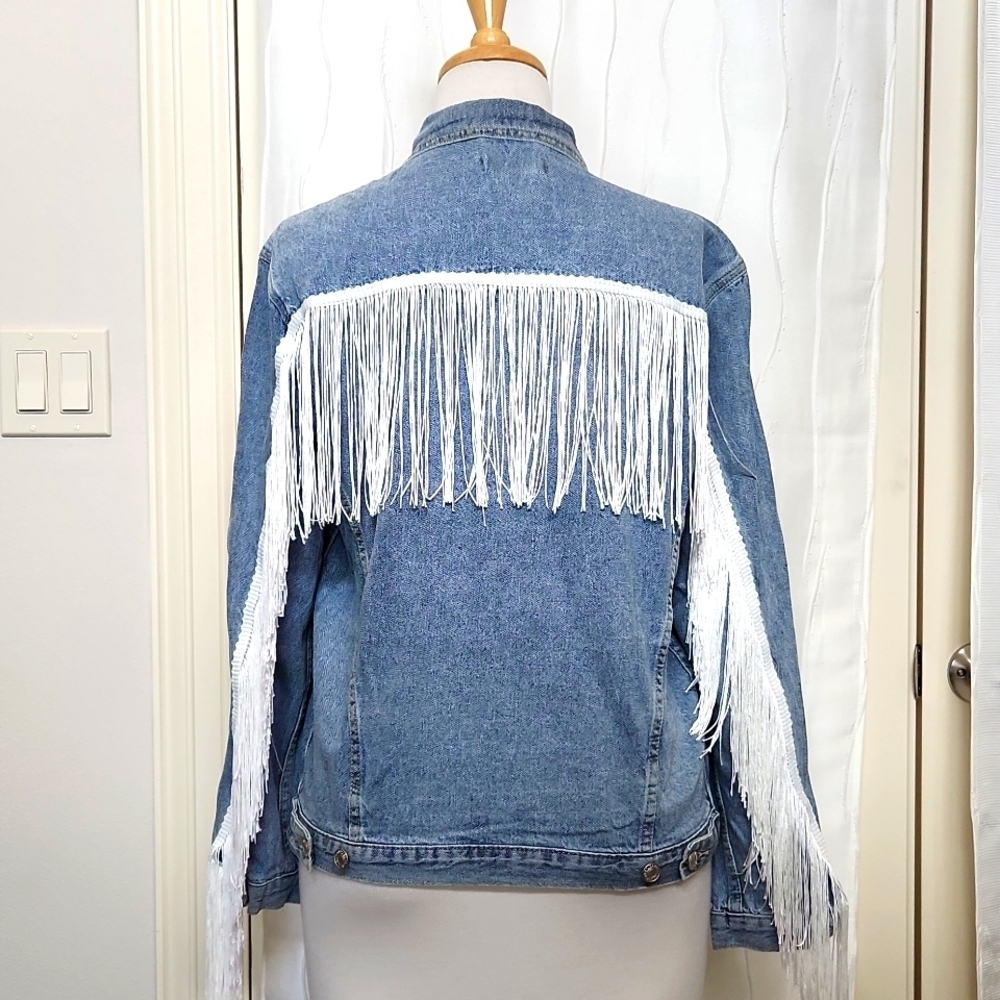 NWT Elia Cher Denim White Fringe Jacket